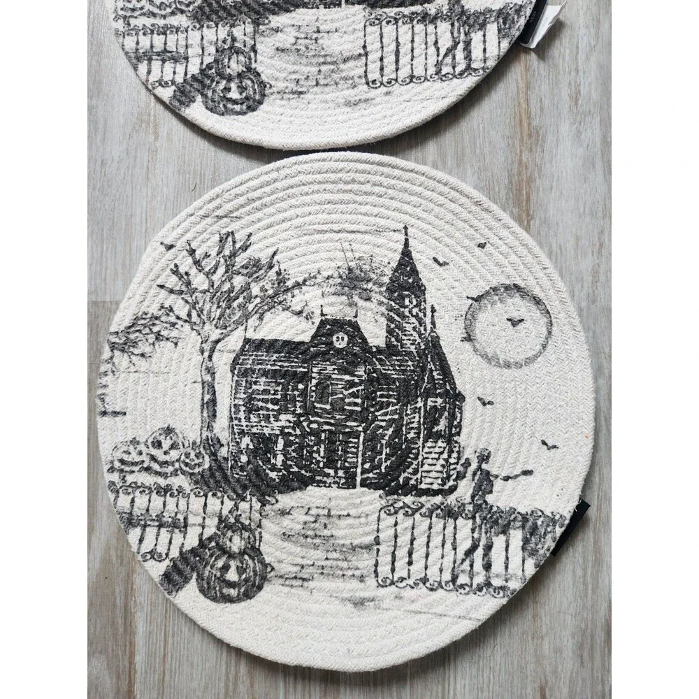 Tahari Home Halloween Haunted House Braided Round Placemats Set of 2 14